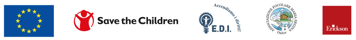 Loghi partner del progetto Prisma (Unione Europea, Save the Children. E.D.I., Associazione Focolare Maria Regina Onlus, Erickson).